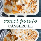 Long collage image of sweet potato casserole with marshmallows