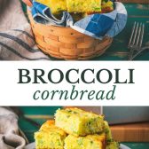 Long collage image of broccoli cornbread