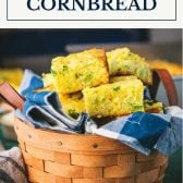 Basket of broccoli cornbread with text title box at top