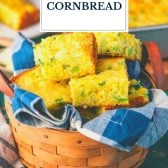 Basket of broccoli cornbread with text title overlay