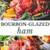 Long collage image of brown sugar bourbon glazed ham