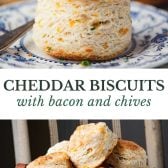 Long collage image of cheddar biscuits with bacon and chives