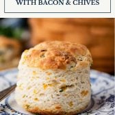 Cheddar biscuit on a plate with text title box at top