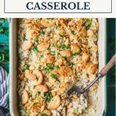 Pan of chicken and rice casserole with text title box at top