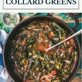 Pot of collard greens with bacon and text title box at top