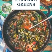 Pot of collard greens and bacon with text title overlay