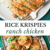 Long collage image of rice krispies parmesan ranch chicken thighs