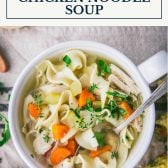 Bowl of crock pot chicken noodle soup with text title box at top