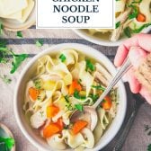 Bowl of crock pot chicken noodle soup with text title overlay