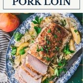 Crock Pot pork loin on a platter with text title box at top