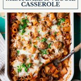 Dump and bake meatball casserole with veggies with text title box at top