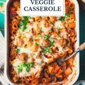 Pan of dump and bake meatball casserole with veggies with text title overlay