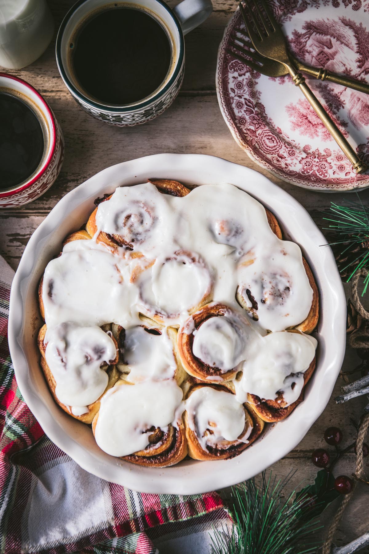 Overhead shot of a pan of the best cinnamon roll recipe ever