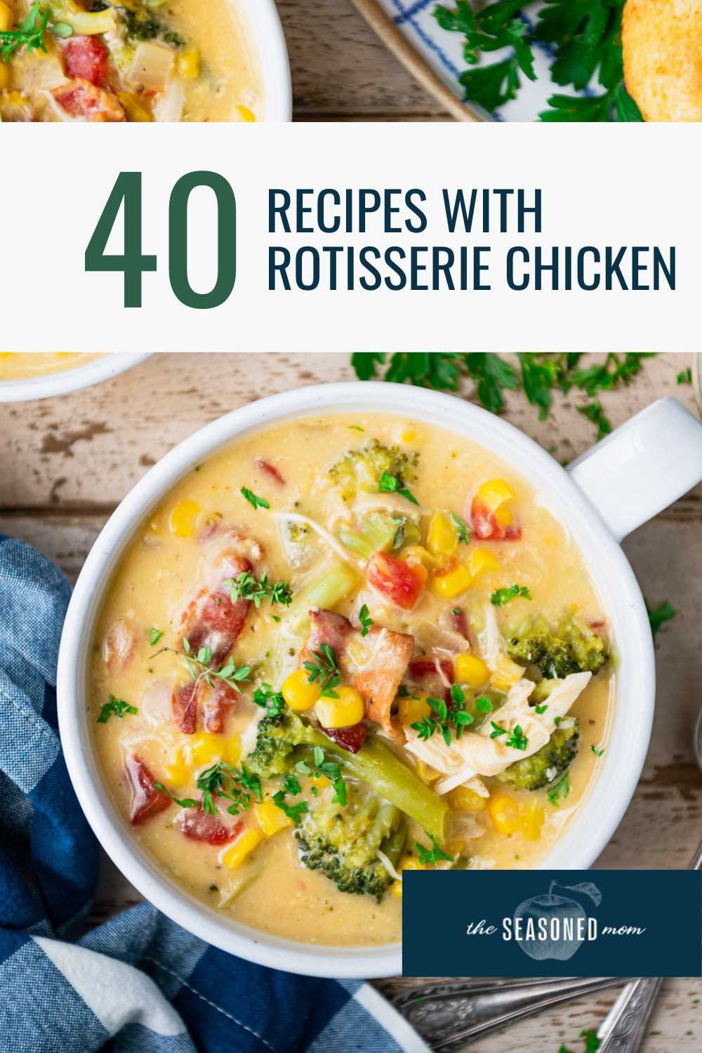 Collage pinterest image of recipes with rotisserie chicken