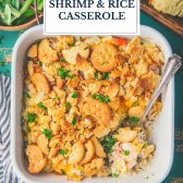 Pan of shrimp and rice casserole with text title overlay