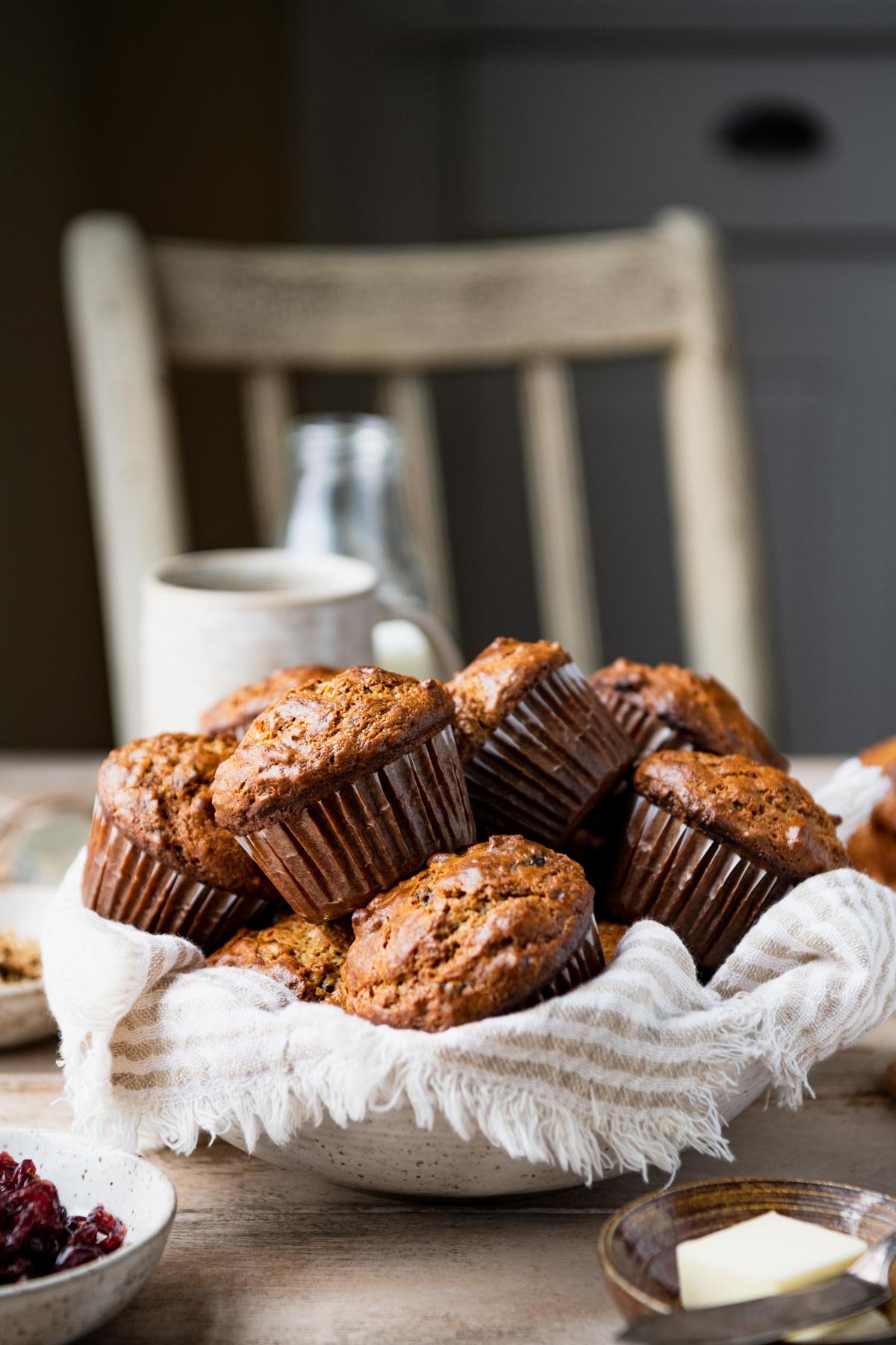 Basket of the best bran muffin recipe served on a breakfast table