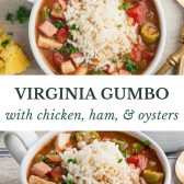 Long collage image of Virginia chicken gumbo with ham and oysters