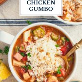 Overhead shot of a bowl of chicken gumbo with text title overlay