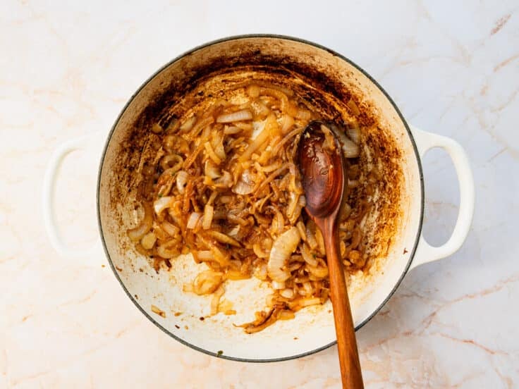 Caramelized onions in the skillet.