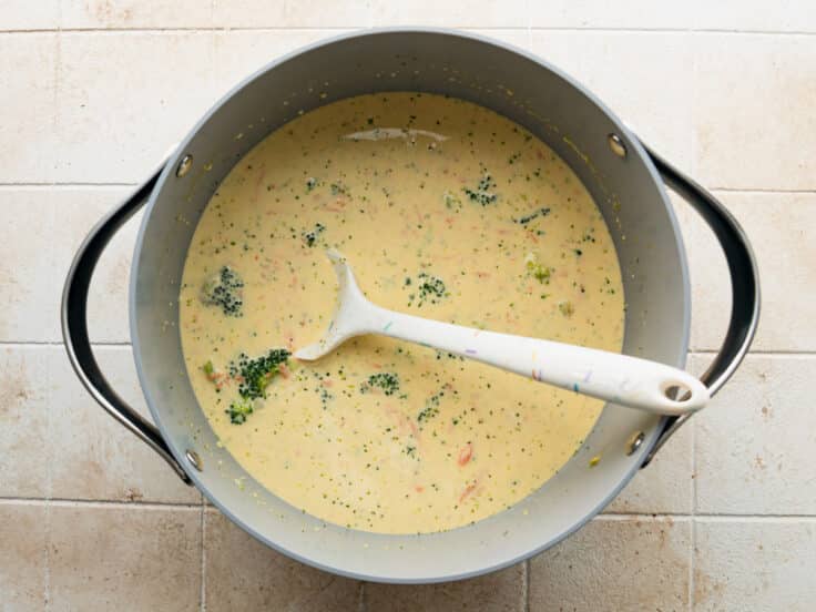Velveeta broccoli cheese soup in a pot.