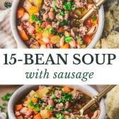 Long collage image of 15 bean soup with sausage