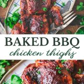 Long collage image of baked bbq chicken thighs.