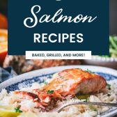 Salmon on a plate with text title overlay