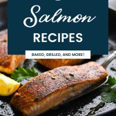 Image of blackened salmon with text title overlay
