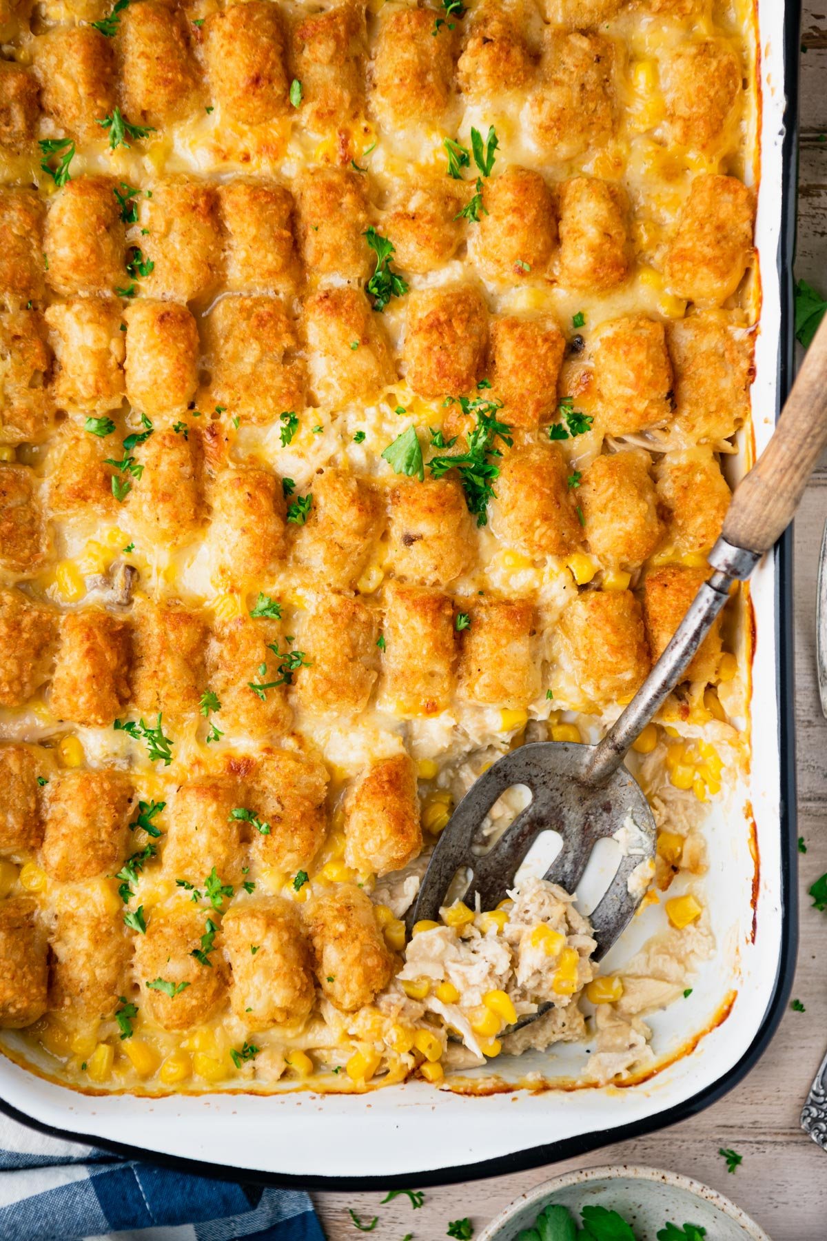 Close overhead image of a spoon in a dish of chicken tater tot casserole