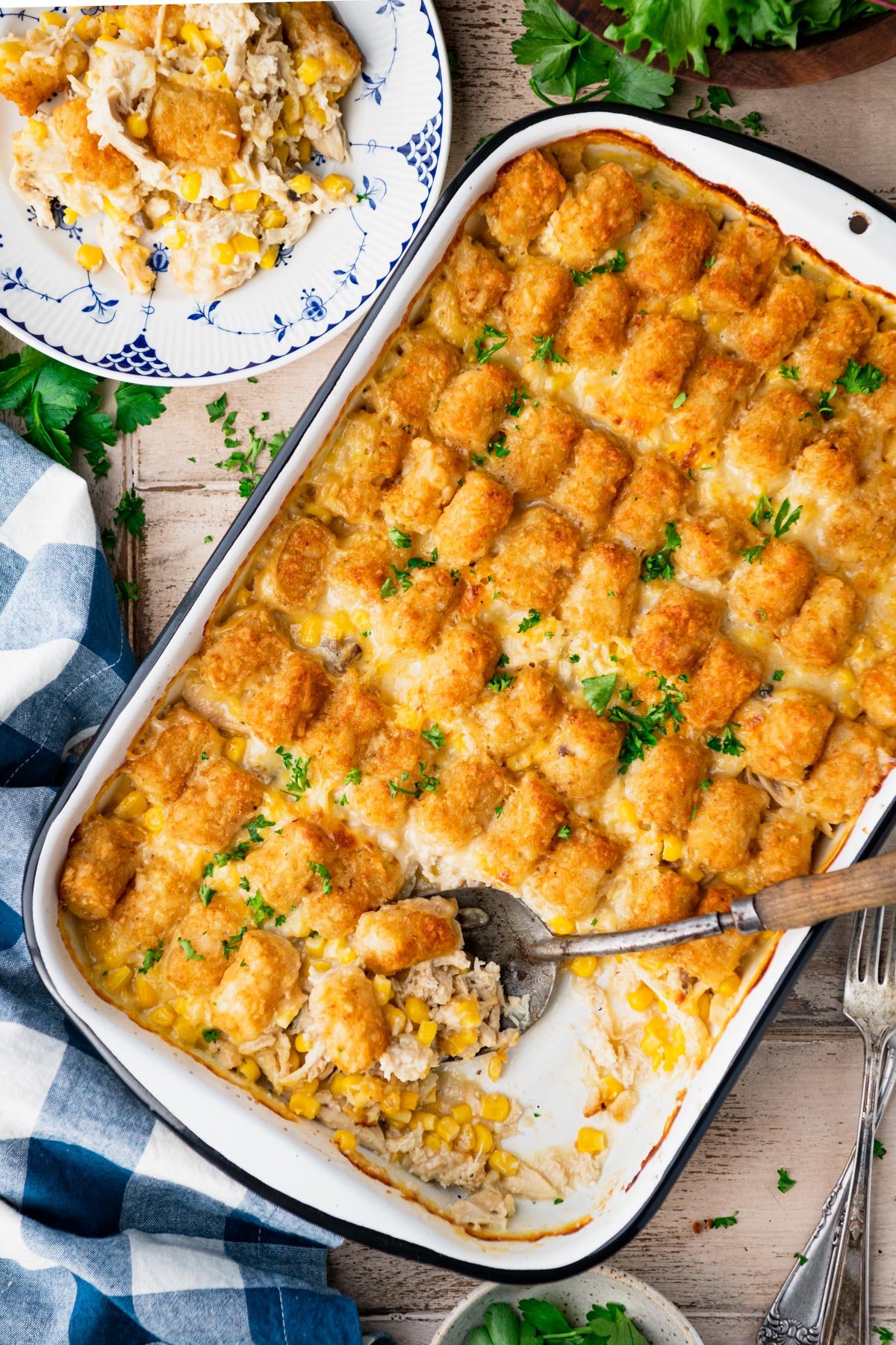 Close overhead image of a pan of easy chicken tater tot casserole