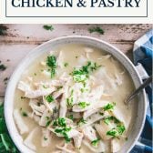 Chicken and pastry in a bowl with text title box at top