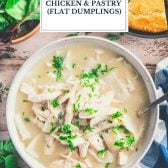 Bowl of southern chicken and flat dumplings with text title overlay