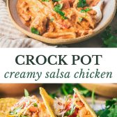 Long collage image of creamy crock pot salsa chicken