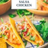 Creamy crock pot salsa chicken tacos with text title overlay