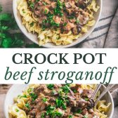 Long collage image of crock pot beef stroganoff