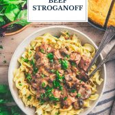 Bowl of crock pot beef stroganoff with text title overlay