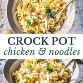 Long collage image of crock pot chicken and nodles.