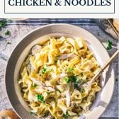 Bowl of crockpot chicken and noodles with text title box at top.