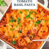 Close up shot of dump and bake creamy tomato basil pasta with text title overlay