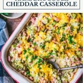 Pan of dump and bake ham broccoli rice casserole with text title box at top