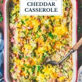 Spoon in a dish of dump and bake ham and cheddar casserole with text title overlay