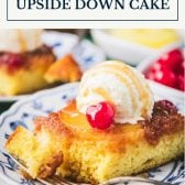 Slice of easy pineapple upside down cake with text title box at top