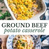 Long collage image of ground beef and potato casserole recipe.