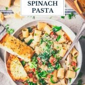 Bowl of one pot chicken and spinach pasta with text title overlay