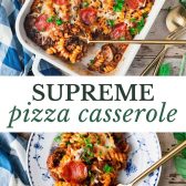 Long collage image of pizza casserole.