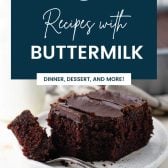 Image of chocolate buttermilk cake with text overlay