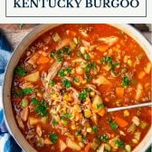 Overhead shot of a pot of Kentucky burgoo with text title box at top