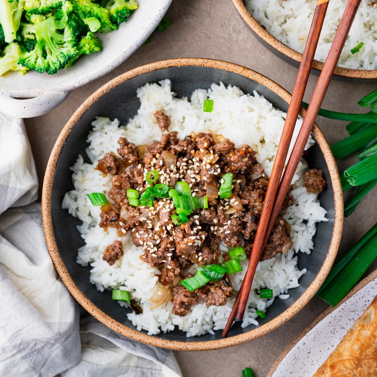 Square overhead image of the best ground beef teriyaki recipe served over rice.