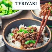 Bowl of ground beef teriyaki recipe with text title overlay.