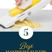 Image of a mandoline slicer with text overlay.